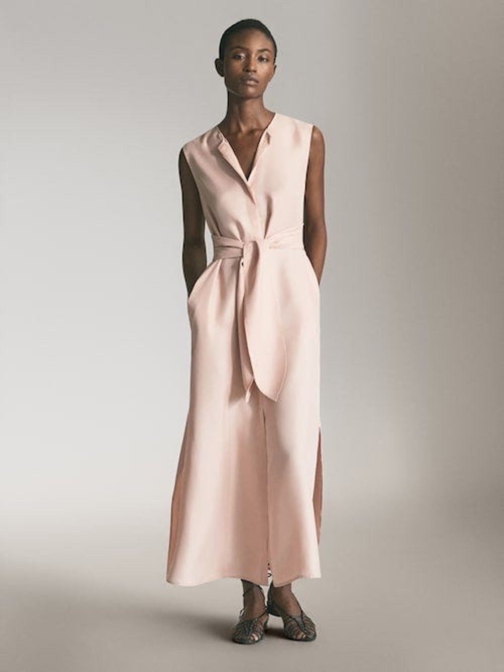 Massimo Dutti Blush Pink Sleeveless Maxi Dress with Tie Waist